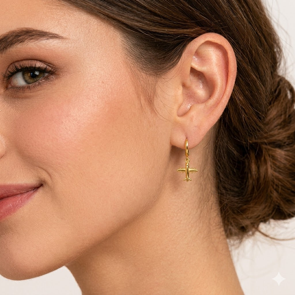 "The Jetsetter Drop" – Anti-Tarnish, Long-Lasting Gold Airplane Huggie Earrings | Waterproof & Hypoallergenic Travel Jewelry