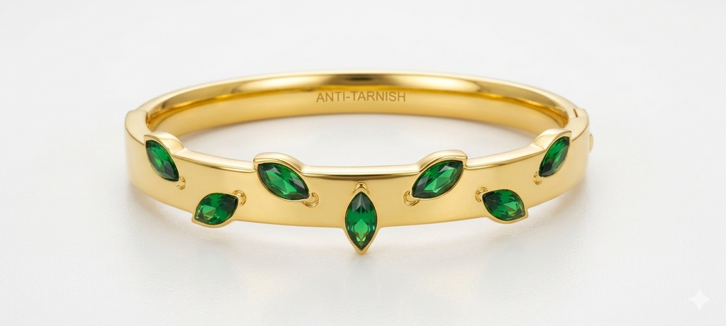Serene Emerald Vine Bangle | Sleek Design for Small Wrists | Anti-Tarnish 18K Gold Plated | Waterproof & Hypoallergenic