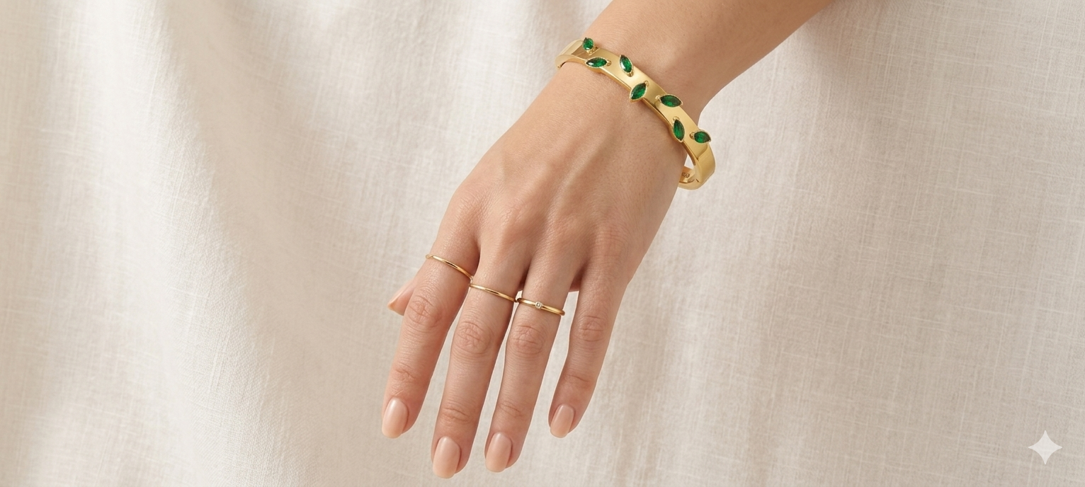 Serene Emerald Vine Bangle | Sleek Design for Small Wrists | Anti-Tarnish 18K Gold Plated | Waterproof & Hypoallergenic