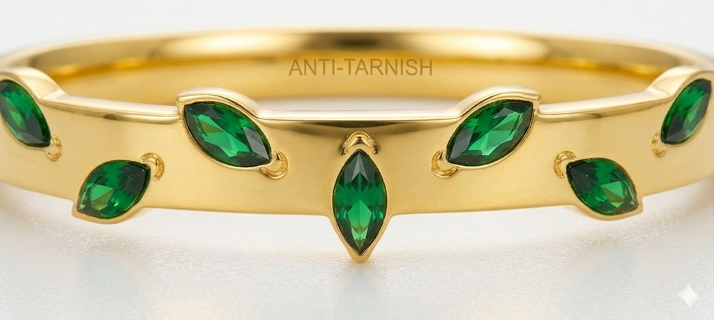 Serene Emerald Vine Bangle | Sleek Design for Small Wrists | Anti-Tarnish 18K Gold Plated | Waterproof & Hypoallergenic
