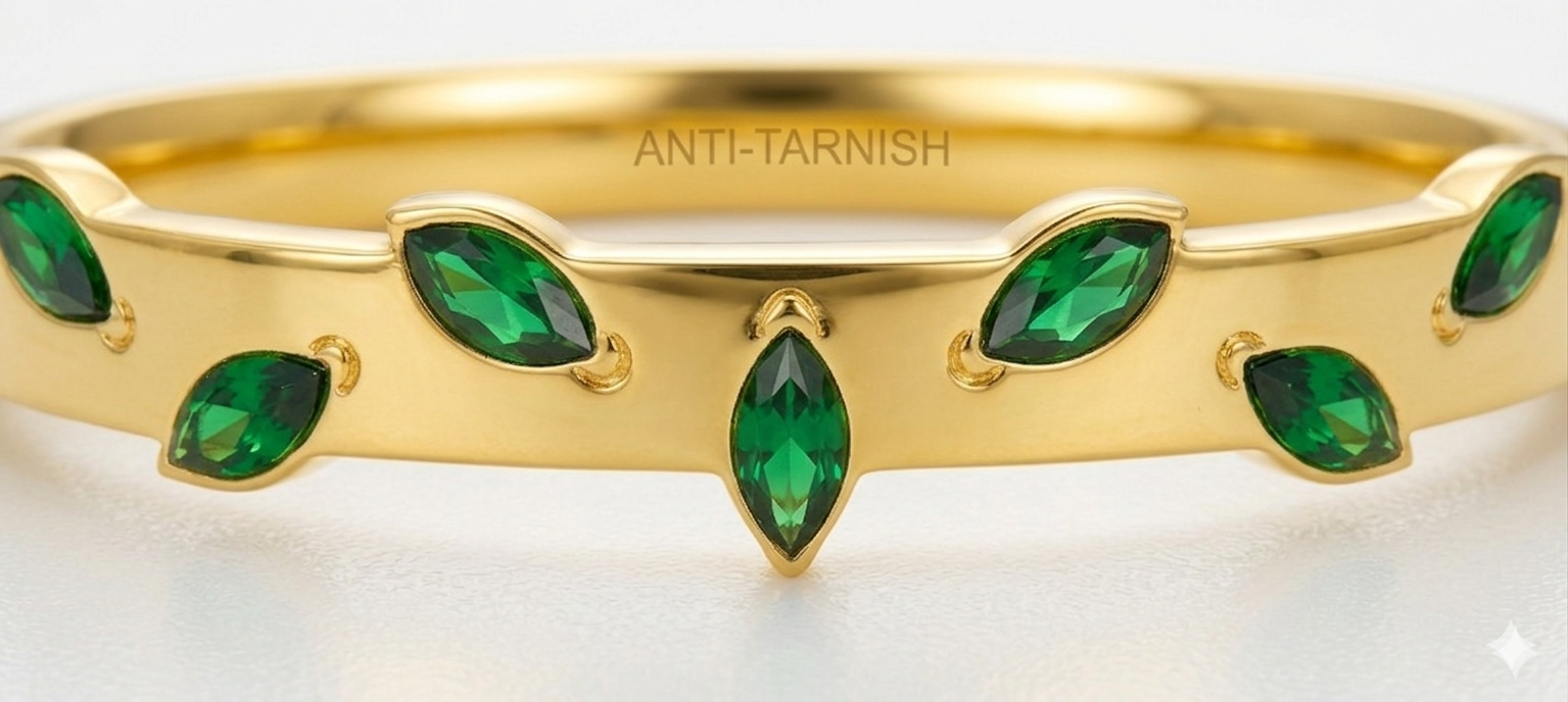 Serene Emerald Vine Bangle | Sleek Design for Small Wrists | Anti-Tarnish 18K Gold Plated | Waterproof & Hypoallergenic