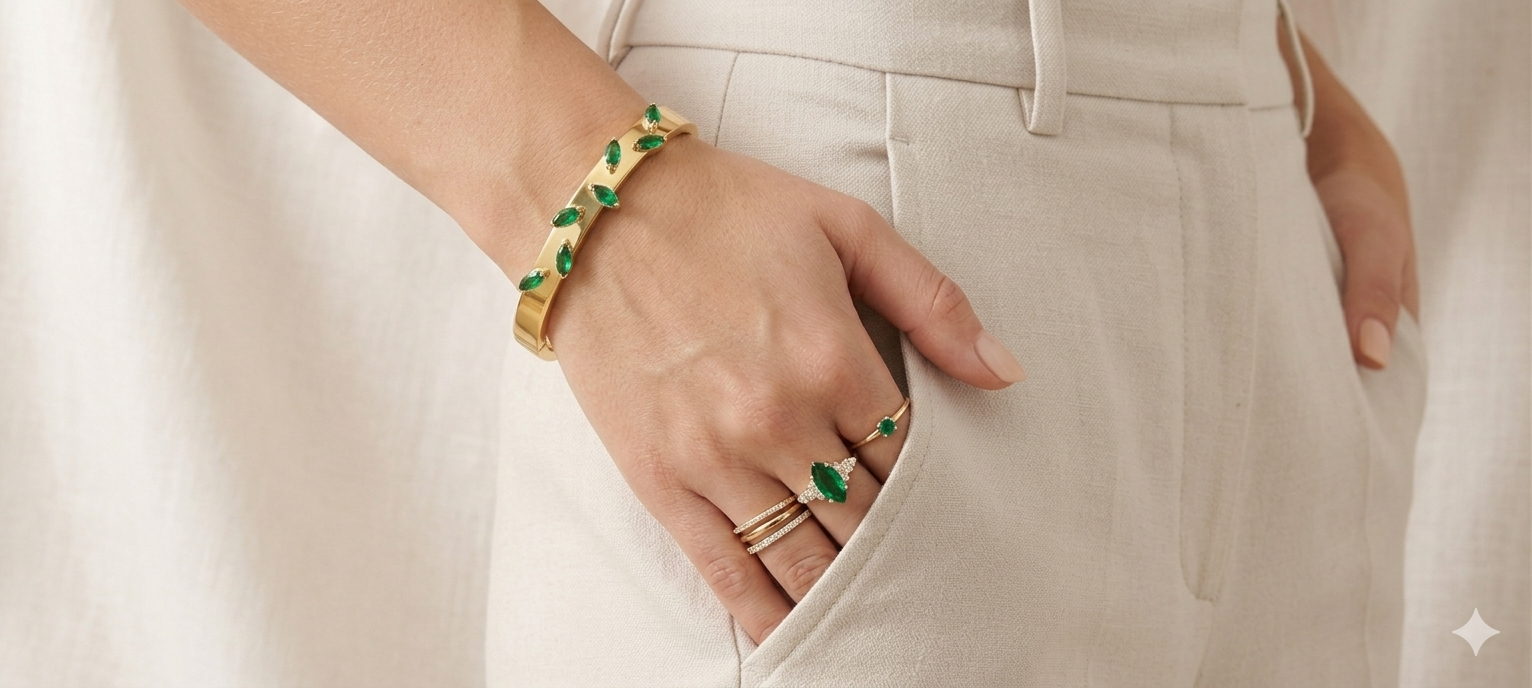 Serene Emerald Vine Bangle | Sleek Design for Small Wrists | Anti-Tarnish 18K Gold Plated | Waterproof & Hypoallergenic