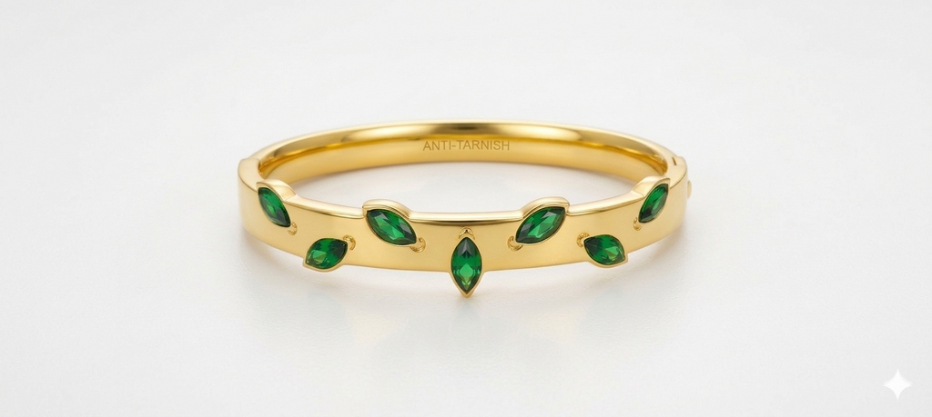 Serene Emerald Vine Bangle | Sleek Design for Small Wrists | Anti-Tarnish 18K Gold Plated | Waterproof & Hypoallergenic