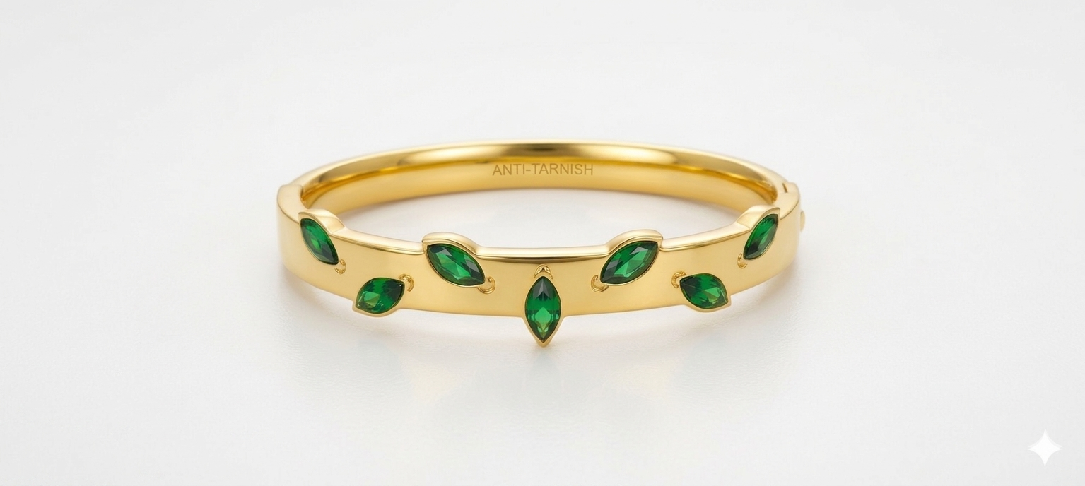 Serene Emerald Vine Bangle | Sleek Design for Small Wrists | Anti-Tarnish 18K Gold Plated | Waterproof & Hypoallergenic