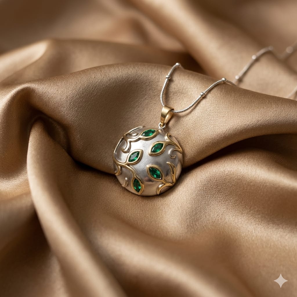 "Elysian Leaf" Two-Tone Silver & Gold Emerald Branch Pendant Necklace (Anti-Tarnish & Waterproof)