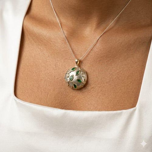 "Elysian Leaf" Two-Tone Silver & Gold Emerald Branch Pendant Necklace (Anti-Tarnish & Waterproof)