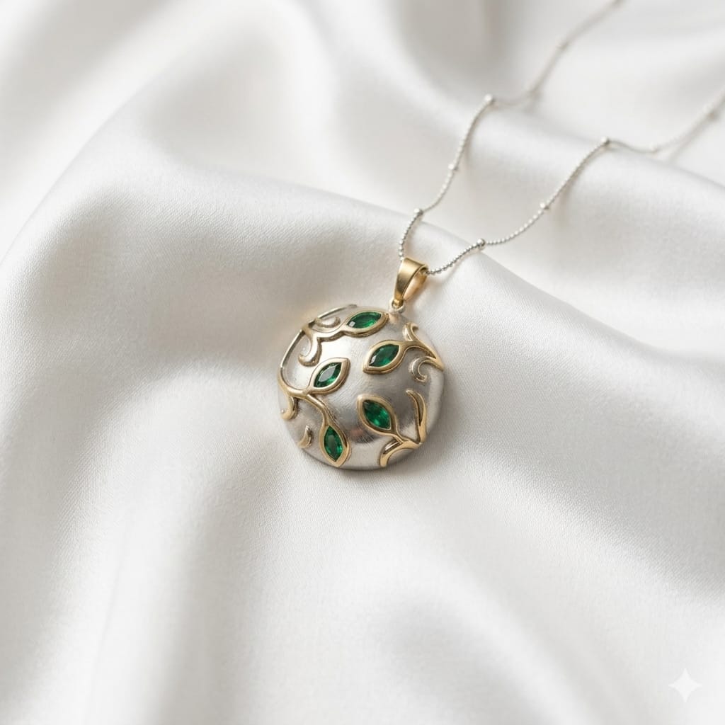 "Elysian Leaf" Two-Tone Silver & Gold Emerald Branch Pendant Necklace (Anti-Tarnish & Waterproof)