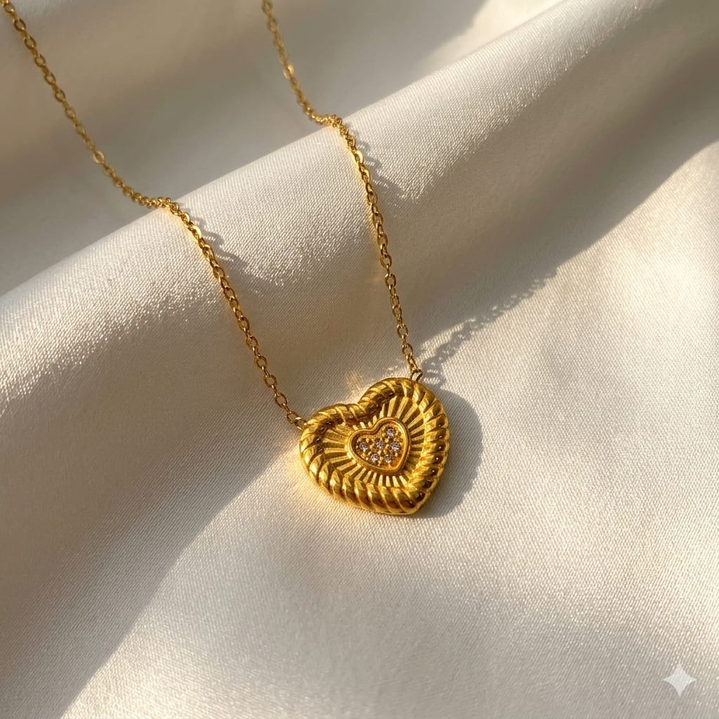 "Heart-Light Medallion" – Gold Plated Radiant Heart Pendant – Hypoallergenic, Waterproof, & Anti-Tarnish Necklace