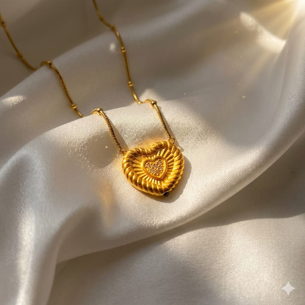 "Heart-Light Medallion" – Gold Plated Radiant Heart Pendant – Hypoallergenic, Waterproof, & Anti-Tarnish Necklace