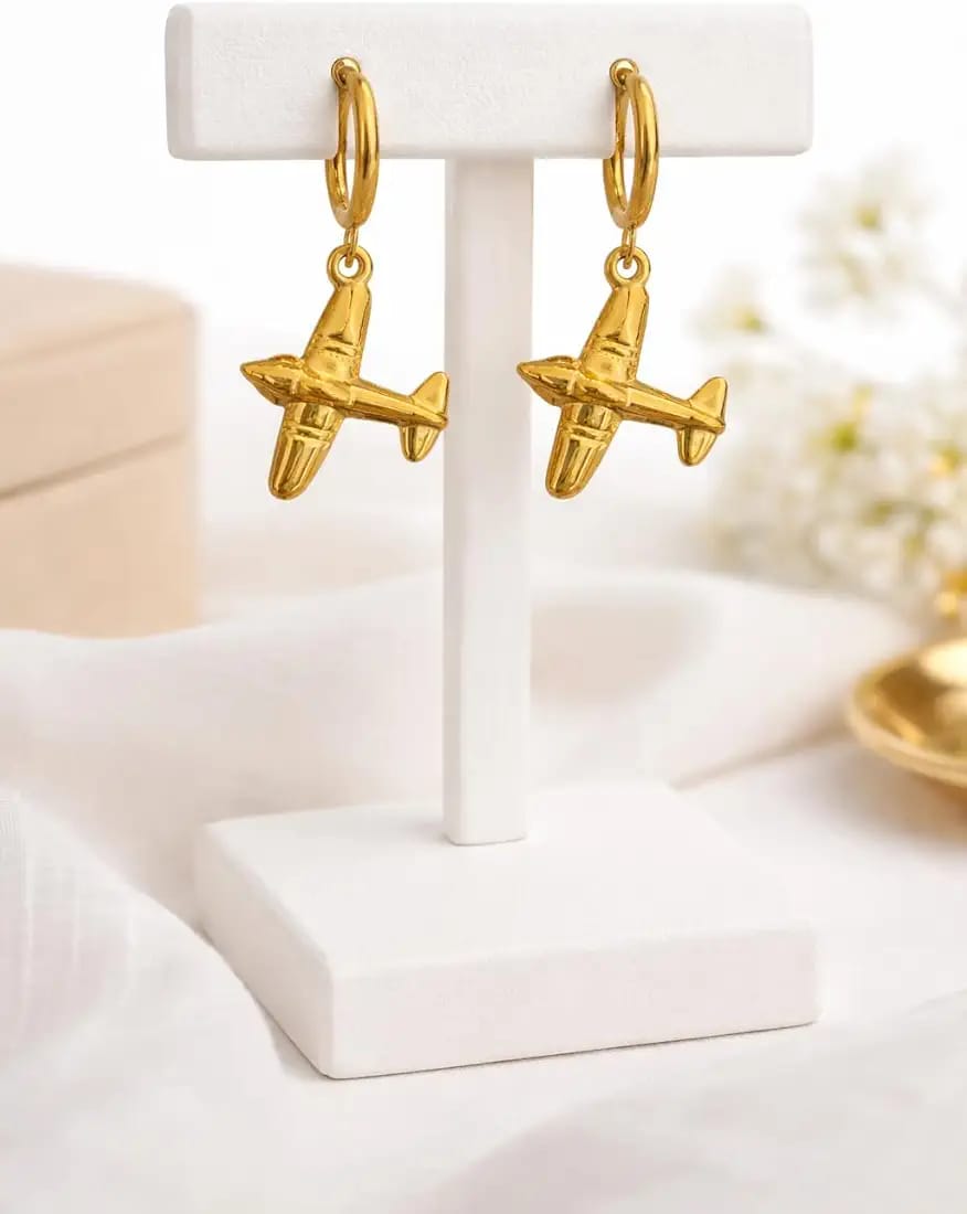 "The Jetsetter Drop" – Anti-Tarnish, Long-Lasting Gold Airplane Huggie Earrings | Waterproof & Hypoallergenic Travel Jewelry