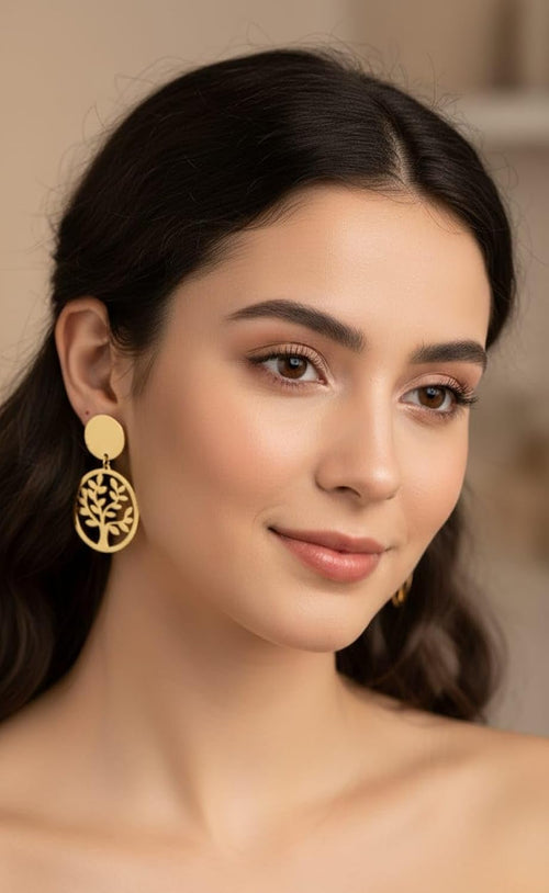 "The Aurelian Grove" - Anti-Tarnish, Long-Lasting Gold Stud Drop Earring | Tree of Life Design | Waterproof & Hypoallergenic