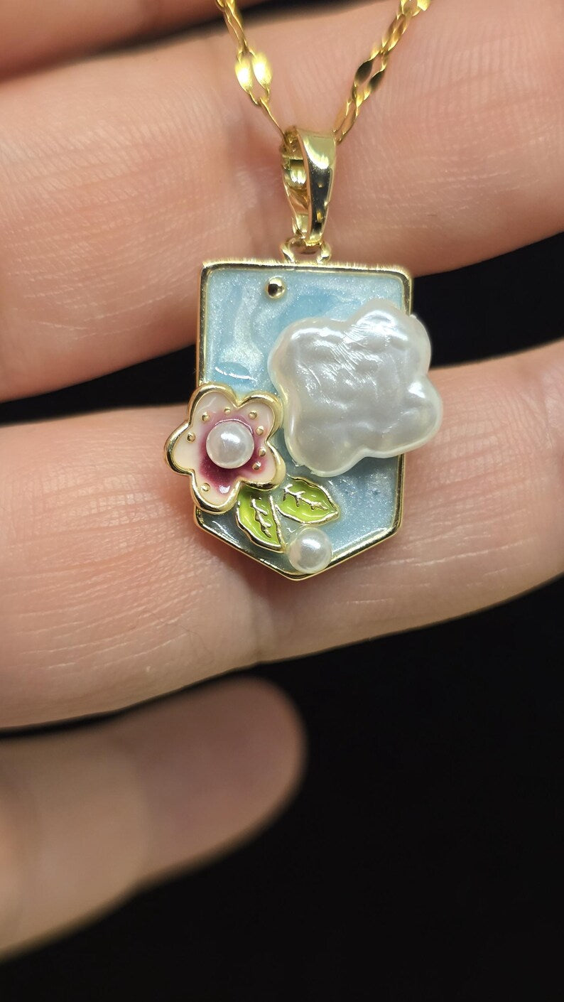 Serene Garden Baroque Pearl Enamel Pendant – 18k Gold Plated, Waterproof & Hypoallergenic – Long Lasting Anti-Tarnish Jewelry