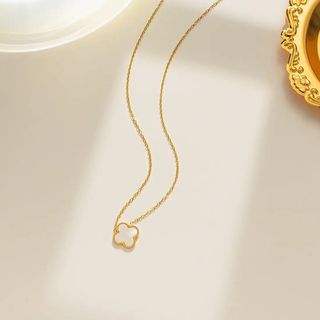 18K Gold Plated Mother of Pearl Clover Pendant | Anti-Tarnish & Waterproof | Long Lasting Hypoallergenic Lucky Charm Necklace