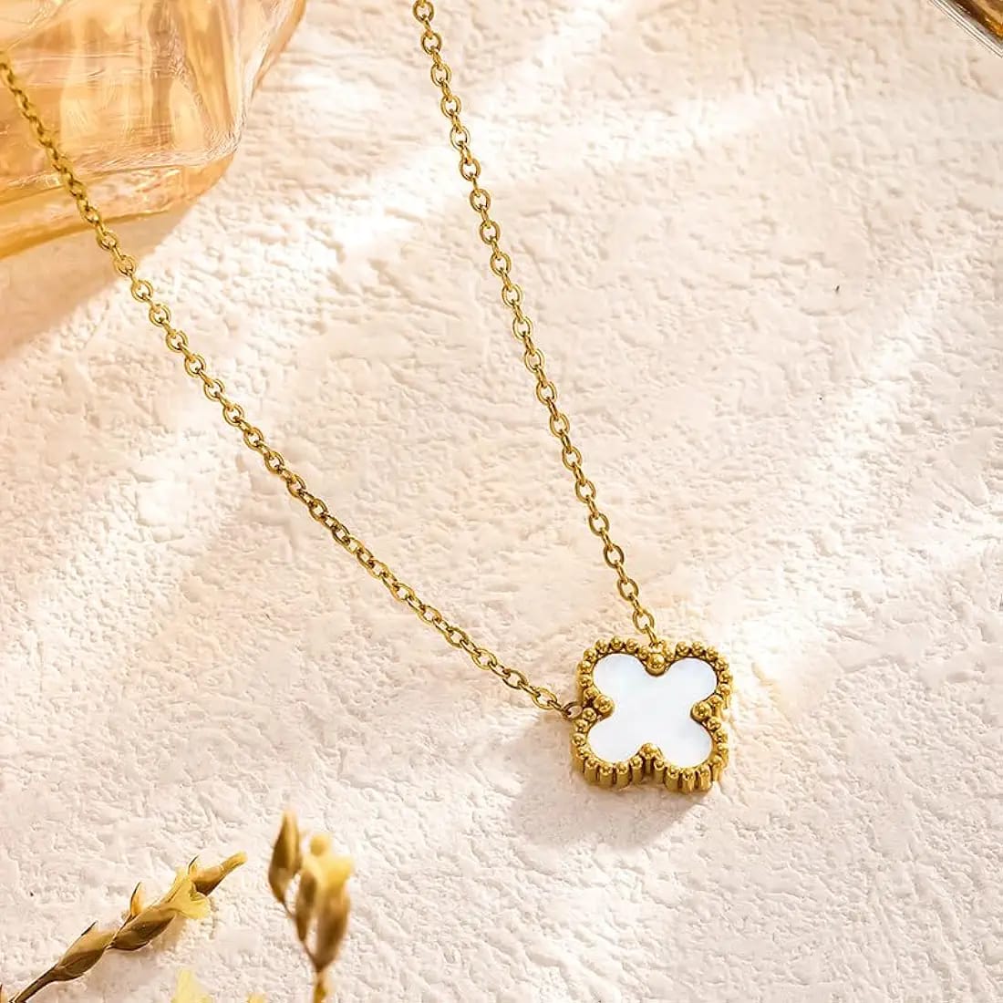 18K Gold Plated Mother of Pearl Clover Pendant | Anti-Tarnish & Waterproof | Long Lasting Hypoallergenic Lucky Charm Necklace