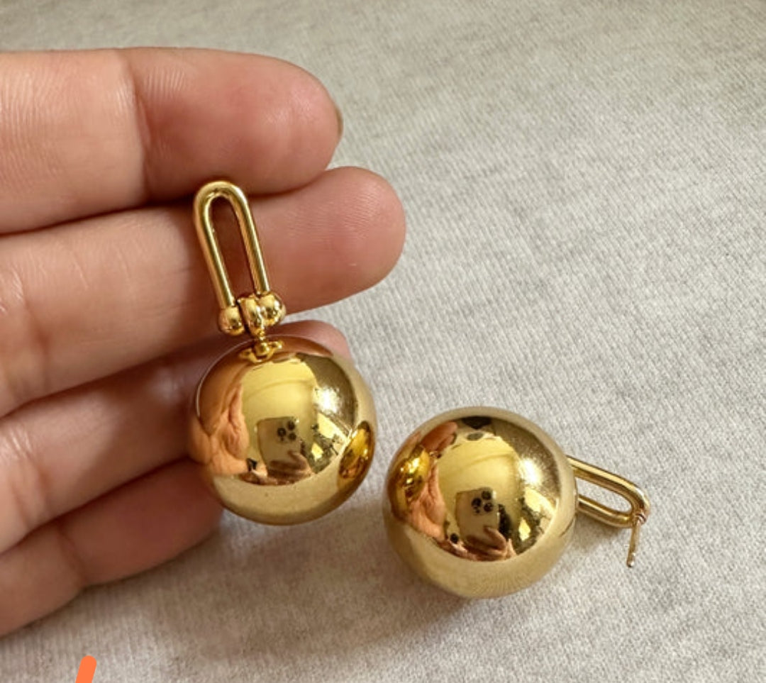 The Gilded Sphere" – Anti-Tarnish, Long-Lasting 18K Gold Plated Ball & U-Link Drop Earring | Waterproof & Hypoallergenic
