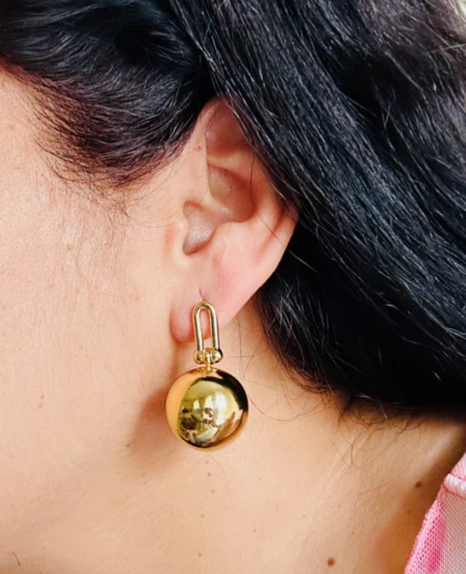 The Gilded Sphere" – Anti-Tarnish, Long-Lasting 18K Gold Plated Ball & U-Link Drop Earring | Waterproof & Hypoallergenic