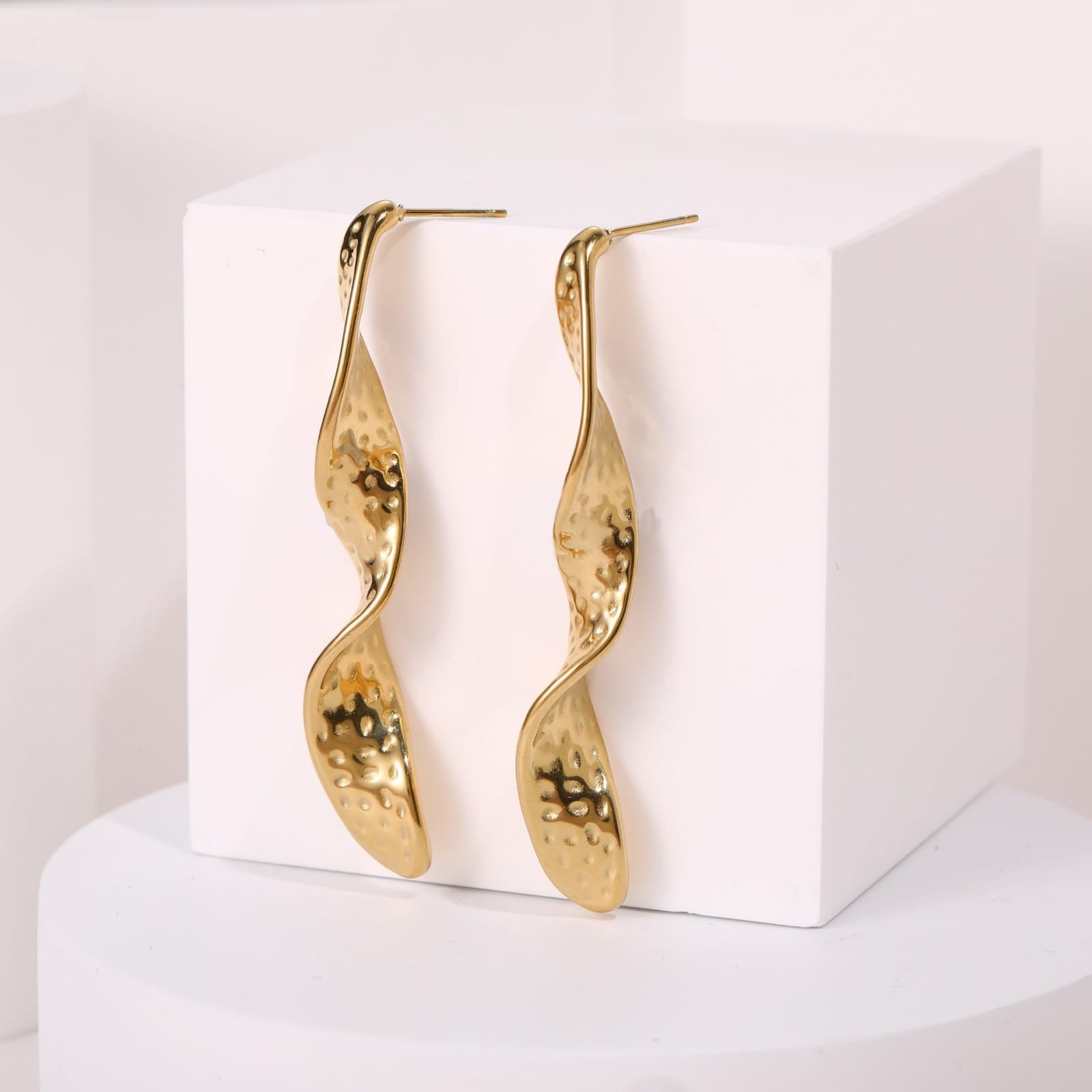 18K Gold Plated Hammered Twist Drop Earrings | Anti-Tarnish & Waterproof | Long Lasting Hypoallergenic Jewelry