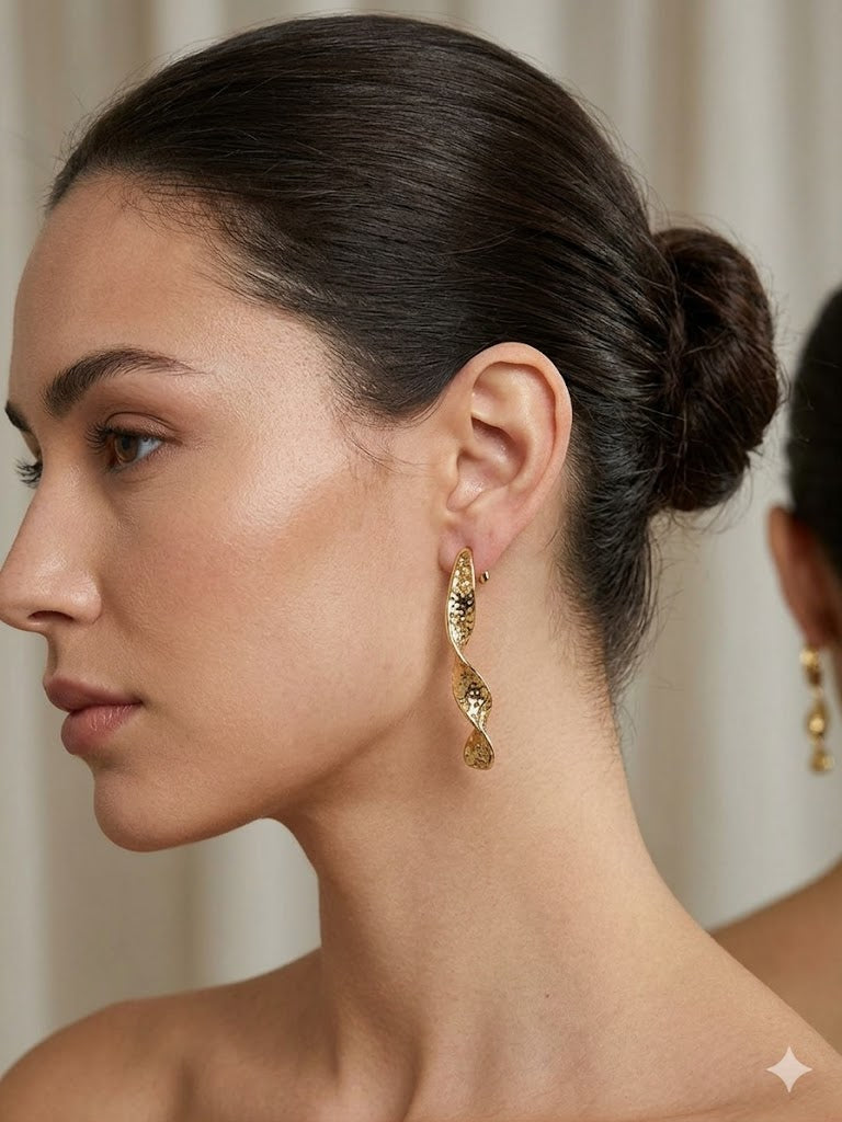 18K Gold Plated Hammered Twist Drop Earrings | Anti-Tarnish & Waterproof | Long Lasting Hypoallergenic Jewelry