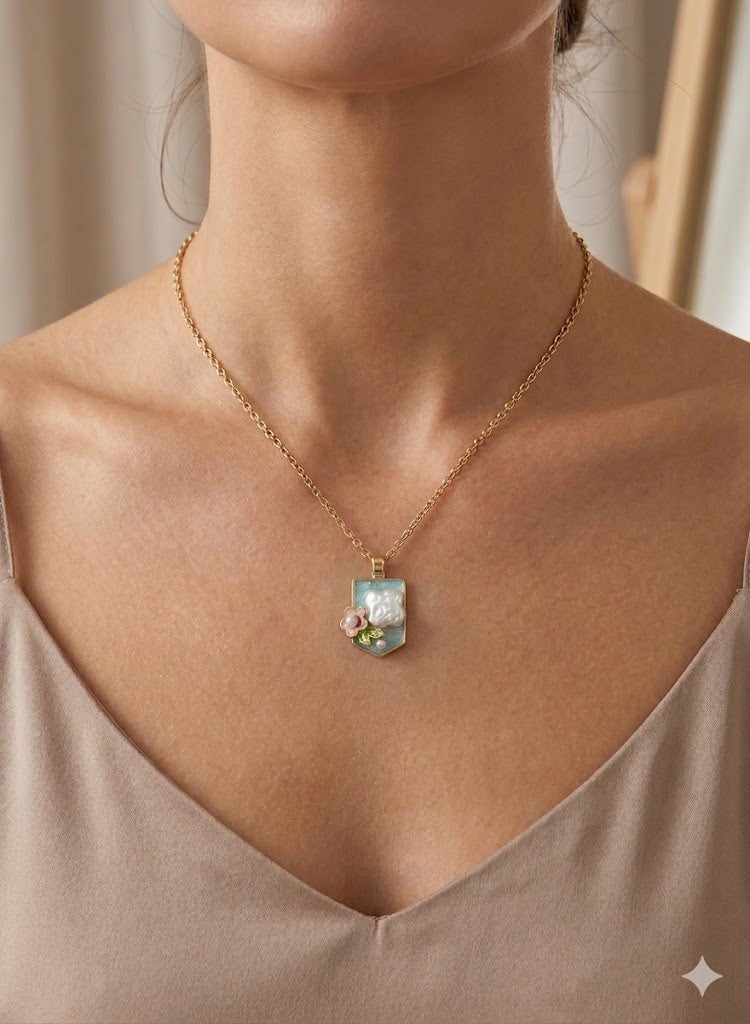 Serene Garden Baroque Pearl Enamel Pendant – 18k Gold Plated, Waterproof & Hypoallergenic – Long Lasting Anti-Tarnish Jewelry